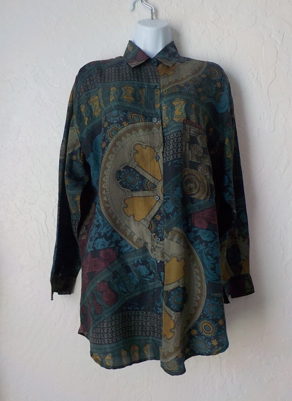 VTG Jane Ashley Blue Geometric Shirt Size Small Button Up 100% Silk Loose Preppy